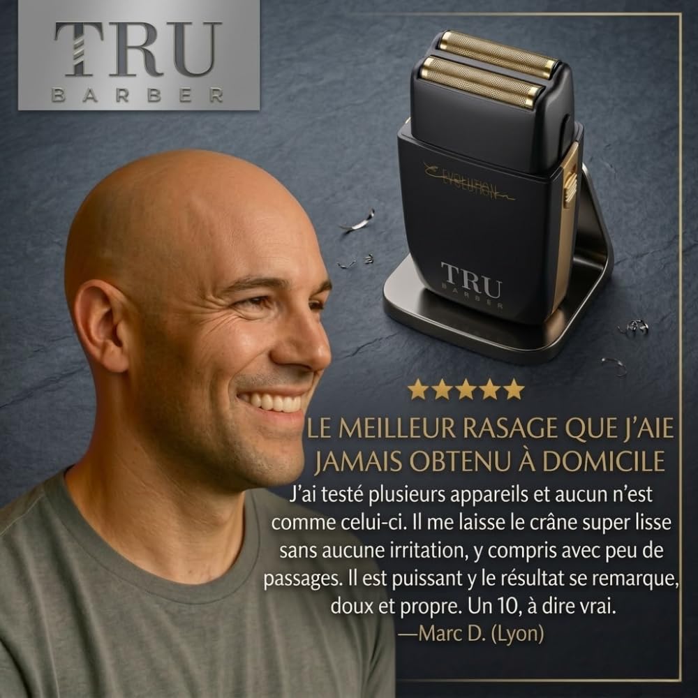 TRU BARBER Evolution – Rasoir électrique professionnel homme 9000 tr/min avec grille titane hypoallergénique, idéal barbe cheveux et crâne chauve, batterie longue durée rechargeable USB