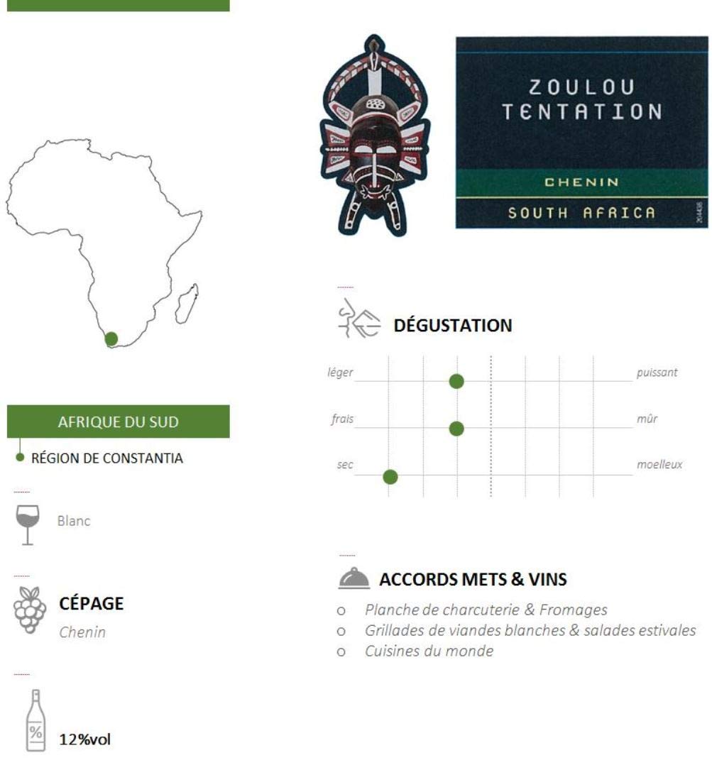 Zoulou Tentation - Chenin - Vin d'Afrique du Sud - Vin Blanc - lot de 6 bouteilles x 75 cl