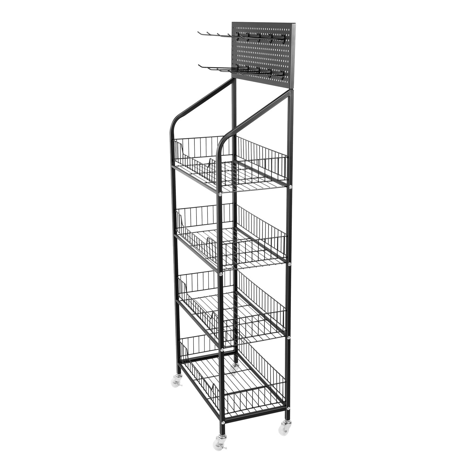 lieroda 4 Tier Snack & Candy Display Rack, Floor Standing Metal Retail Display Shelf With 10 Hanging Hooks, Black Merchandise Organiser For Supermarket, Shop, Kitchen & Convenience Store