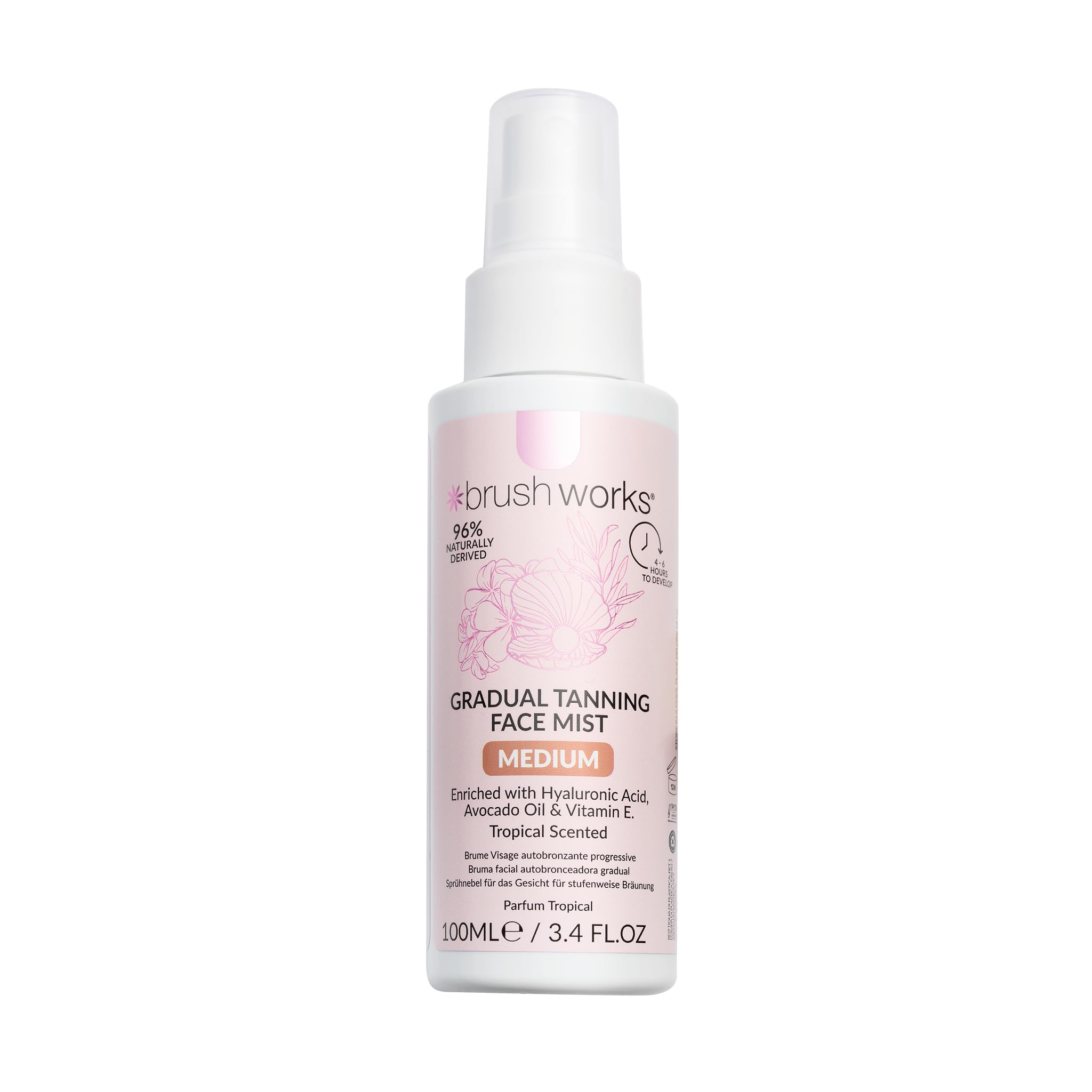 Brushworks Gradual Tanning Face Mist Medium 100ml – Hydrating Self Tan Spray with Hyaluronic Acid, Avocado Oil & Vitamin E, Tropical Scented Vegan Formula