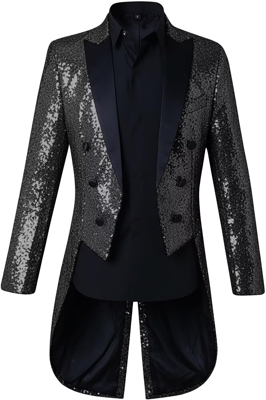 Mens Sequin Tuxedo Tailcoat Double Breasted Slim Fit Blazer Suit Jacket Wedding Dinner Party Show Tux Dress Coat
