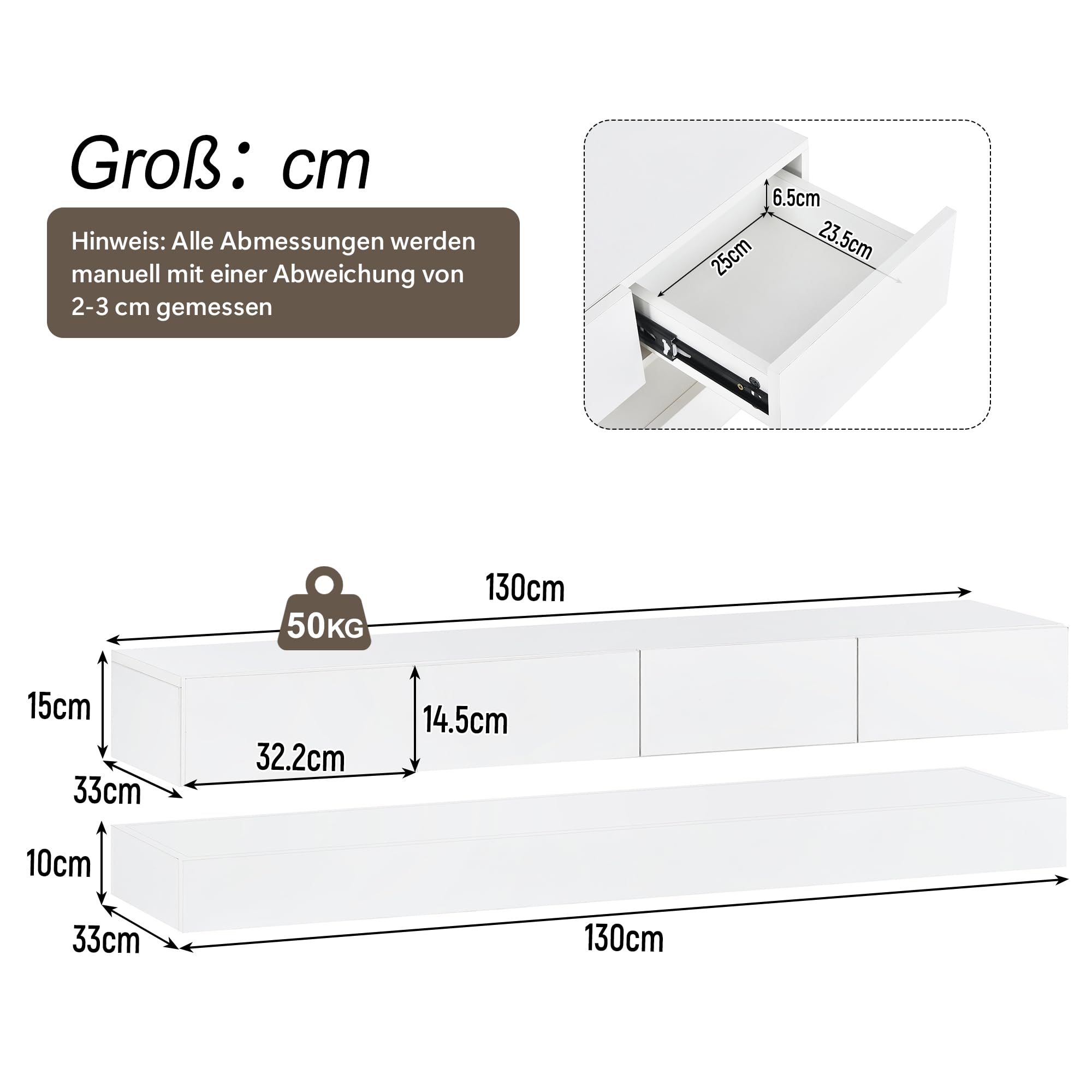 Meuble TV avec 2 armoires 4 tiroirs Mural avec éclairage LED Armoire Murale pour téléviseur Jusqu’à 55 Pouces Lowboard pour Salon Table TV Blanc