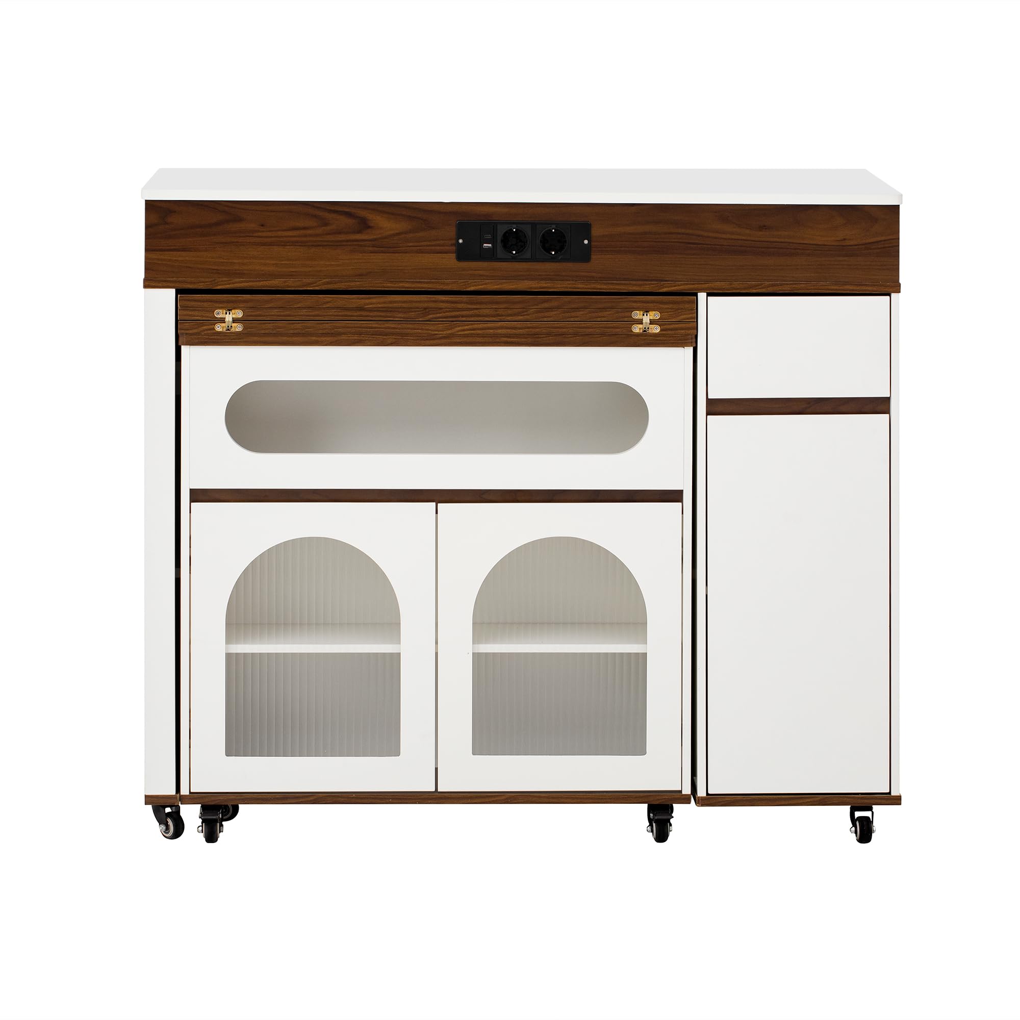 îLot De Cuisine Sur Roulettes,îLot De Cuisine RéTractable,Table Multiprises 1 Tiroir Et 3 Portes D'Armoire Sert D'îLot De Buffet Ou De Table De Bar Pour La Cuisine Et La Salle à Manger,Blanc + Noyer