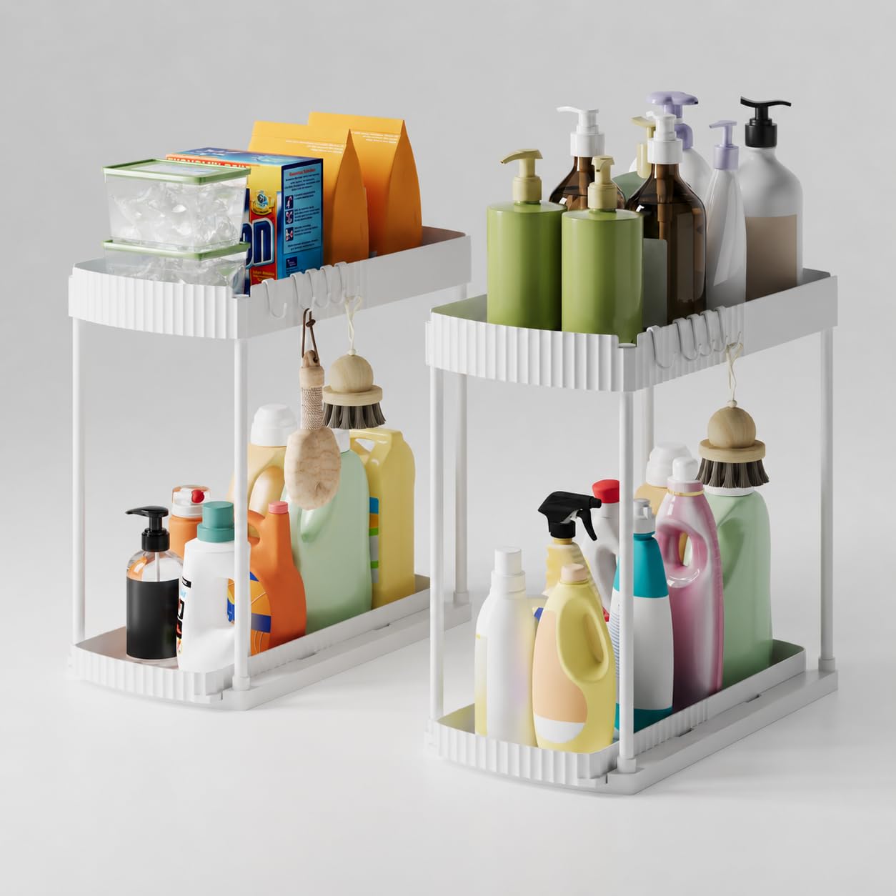 Küchenschrank Organizer Ausziehbar, 2er Set Spülschrank Organizer mit Ausziehbarem Unterkorb, Unter Waschbecken Regal, 2-Stufiger Küchen Organizer mit 5 Haken für Küche & Bad, Weiß