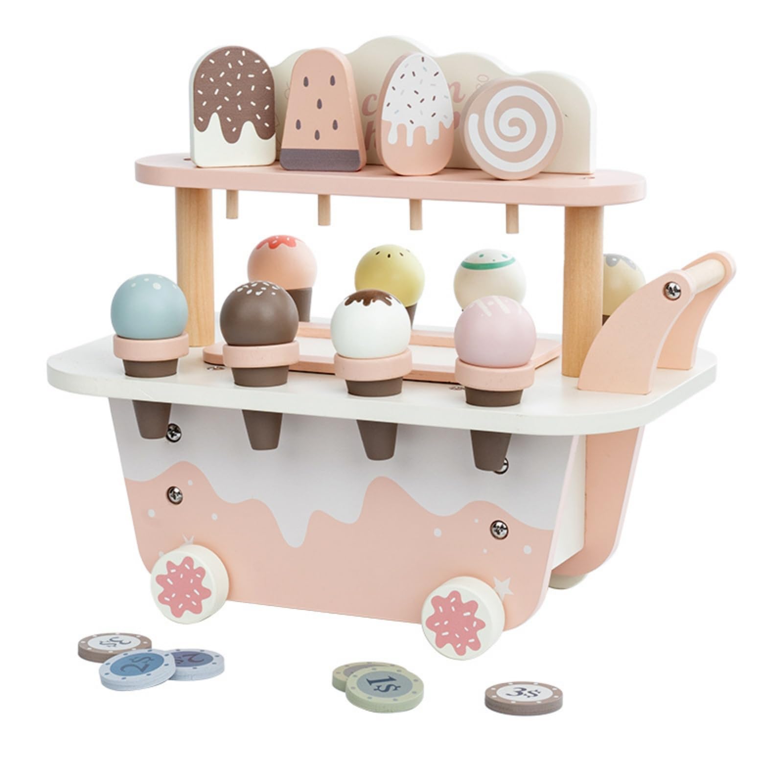 Kinder Spielzeug Eiswagen Holz Kinder Spielfahrzeug Spielset Verkaufsstand Rollenspiel mit Motorikfördernden Aktivitäten Und Teilen für Lernumgebung Vorschule Kinderzimmer
