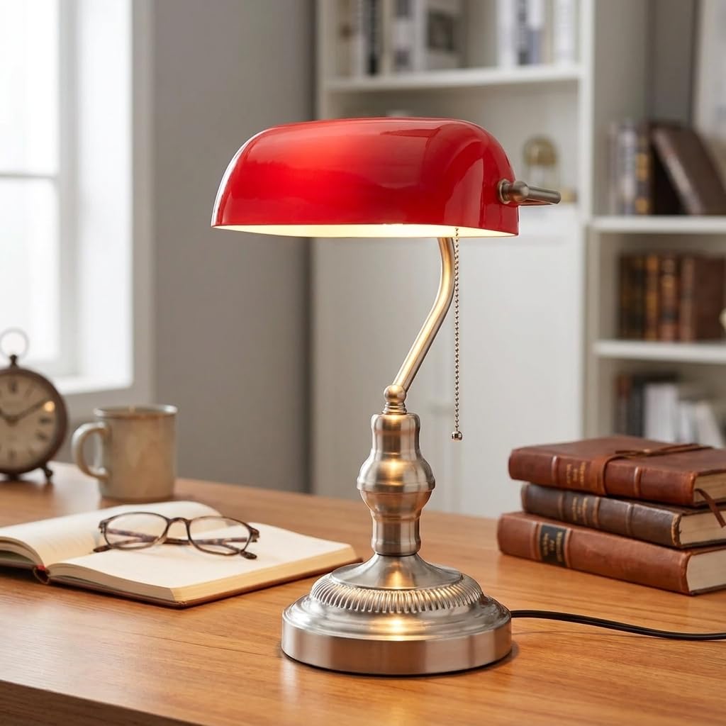 BARCELONA LED Bankerlampe Vintage Rot, Schreibtischlampe mit Glasschirm & Metallfuß in Nickel Satiniert, Retro Bürolampe im Industrial & Nordischen Stil, Klassische Tischleuchte mit E27 Fassung