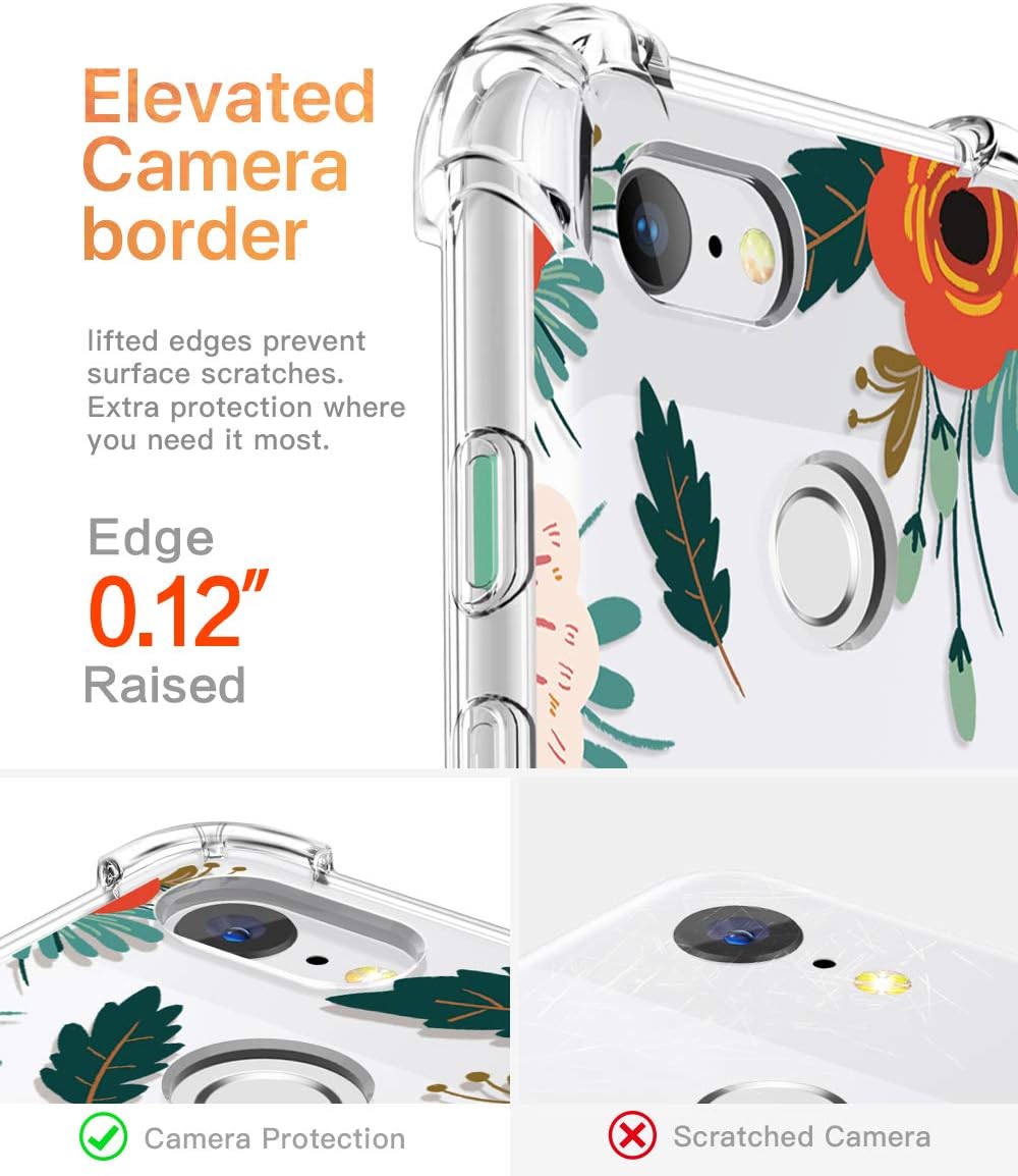 GVIEWIN Designed for Google Pixel 3 Case, Clear Flower Pattern Design Soft & Flexible TPU Slim Fit Shockproof Transparent Floral Cover Case (Will Not fit Pixel 3 XL) (Flowering/Reseda Green)