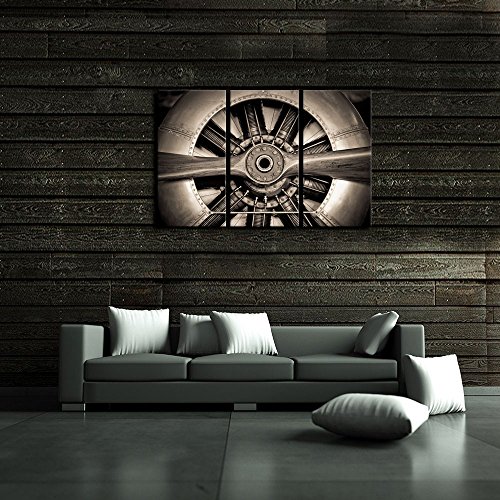 Klvos 3 Panel Airplane Propeller Canvas Wall Art Retro Aircraft Engine Engineering Closeup Picture Vintage Plane Decor Giclee Prints Modern Home Decals Framed For Office Ready To Hang 16"X32"X3 #TOP4