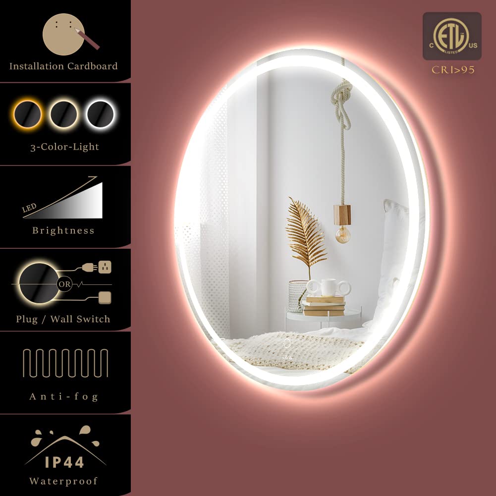 KWW 28 Inch Large Modern LED Round Mirror Bathroom Vanity Mirror, Color