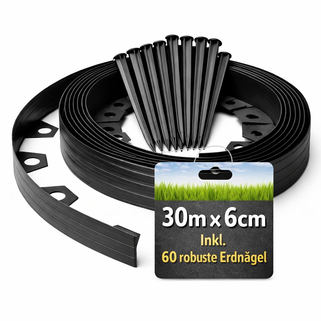 BigDean Flexible Rasenkante 30 m x 6 cm Komplettset inklusive 60 Erdnägel