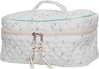 Jolly House Makeup Bag Floral, Cotton Multifunction Storage Makeup Bag, Large Travel Cosmetic Bag, Quilted Coquette Cute Cosmetic Aesthetic Floral Toiletry Makeup Bag (White-Cherry)