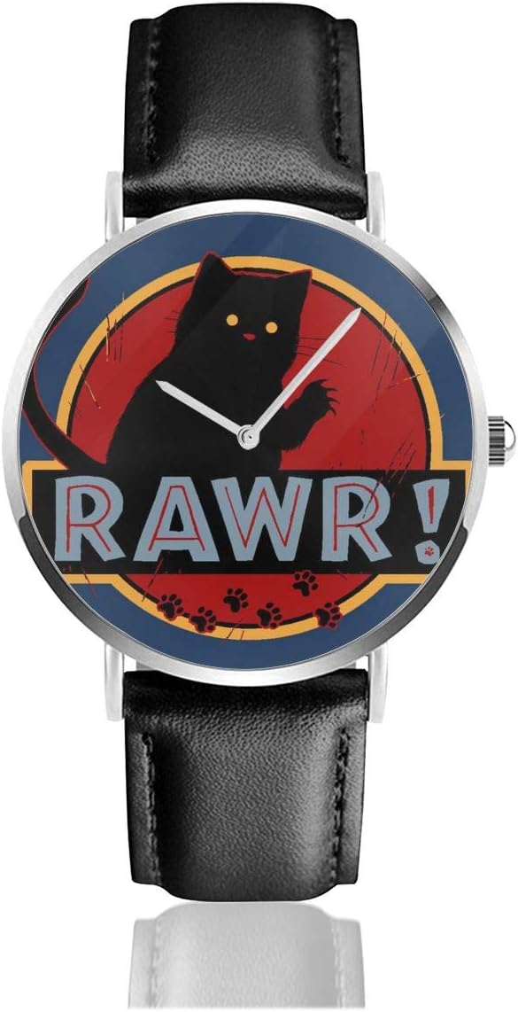 Unisex Business Casual Jurassic Rawr Kitten Cat Park Watches Quartz Leather Watch with Black Leather Band for Men Women Young Collection Gift