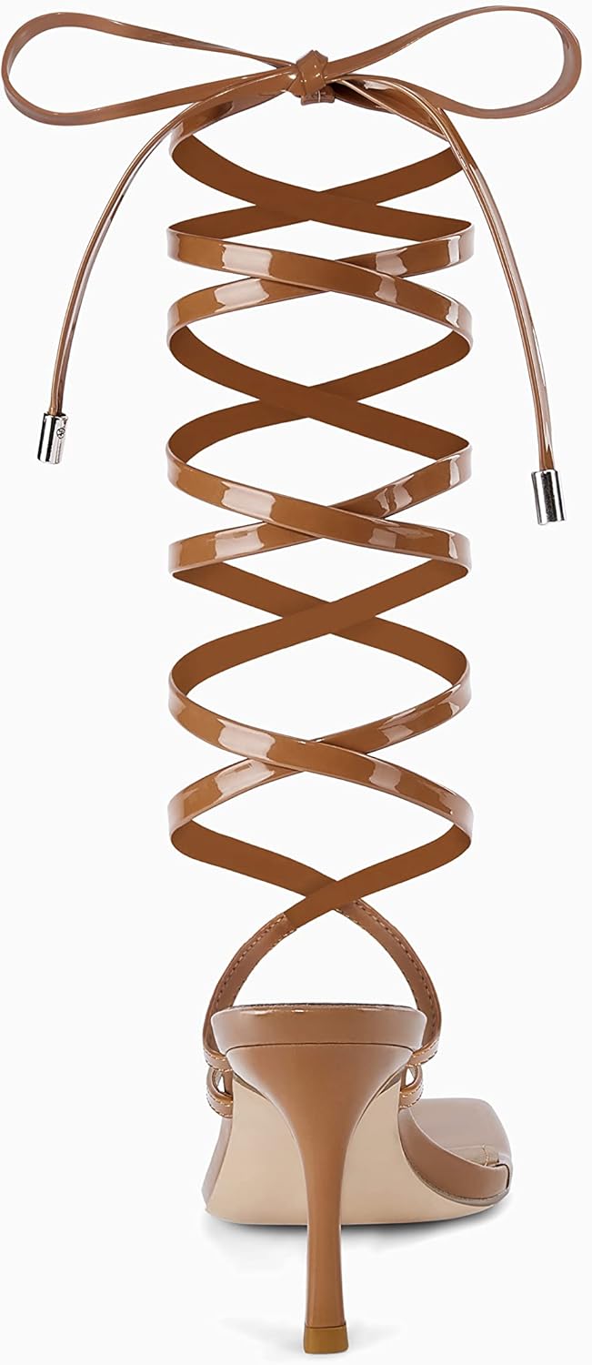 Coutgo Womens Strappy Thong Heels Sandals Sexy Lace up Wrap Ankle Strap Square Toe High Heeled Dress Summer Party Shoes - Image 5