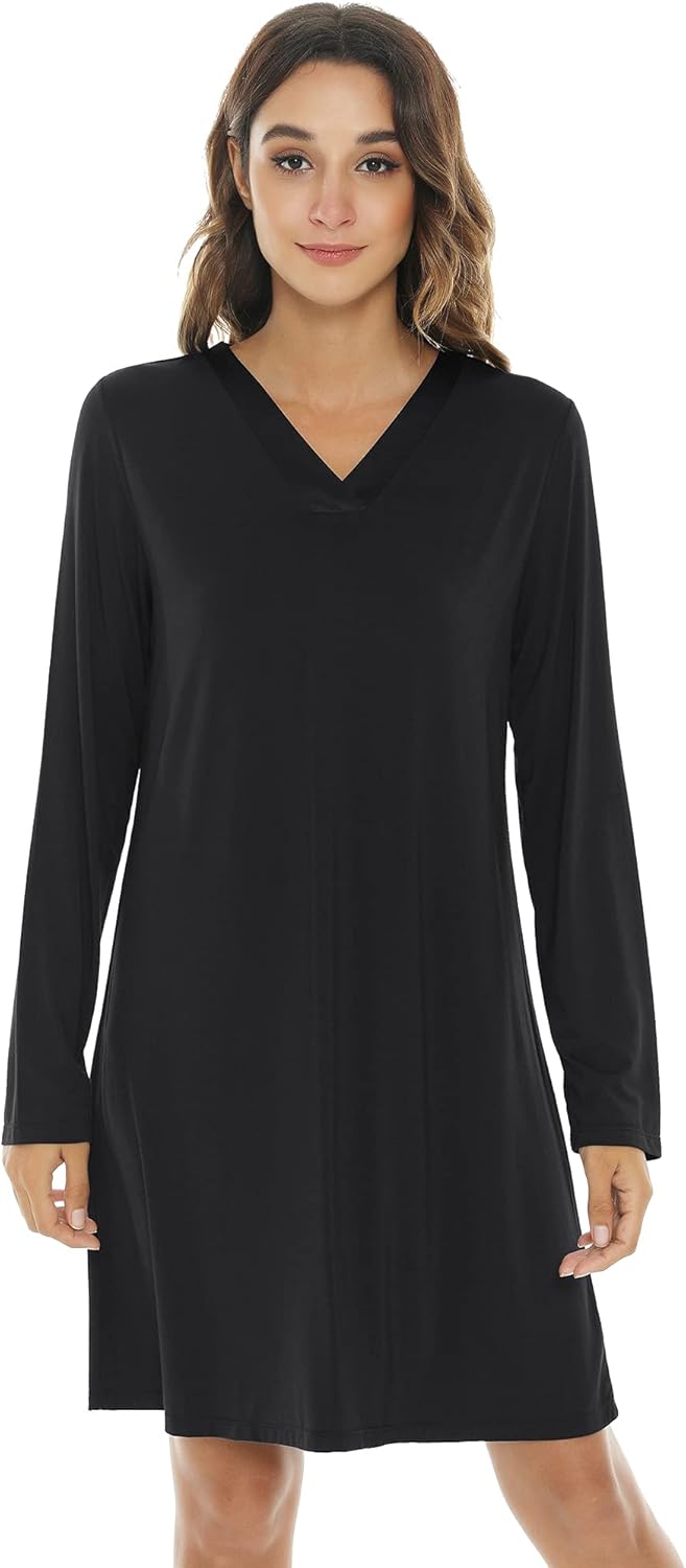 NACHILA Nightgowns for Women-Viscose Made from Bamboo,Long Sleeve Night Shirt Soft Sleepshirt Satin V Neck Sleepwear