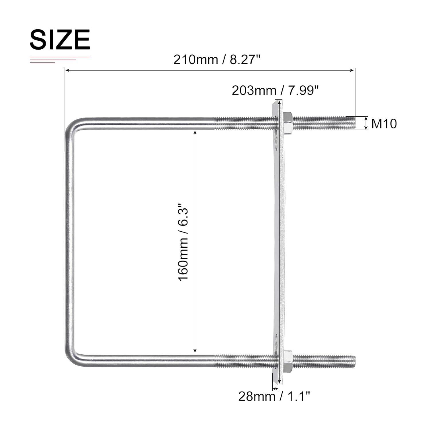 DTGN M10x160x210mm(ThreadxWxL) Square U Bolt - 2Pack - Good for Trailer Pipe Replacement Parts - 304 Stainless Steel U Shape Bolts