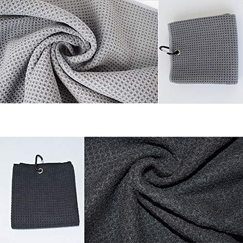 Mirrwin-Toalla-de-Golf-Toalla-de-Golf-de-Microfibra-Plegable-con-Anillo-de-Fijacion-Adecuado-para-Bicicleta-de-Carretera-Golf-Yoga-Deportes-de-Fitness-al-Aire-Libre-2-Piezas-NegroGris