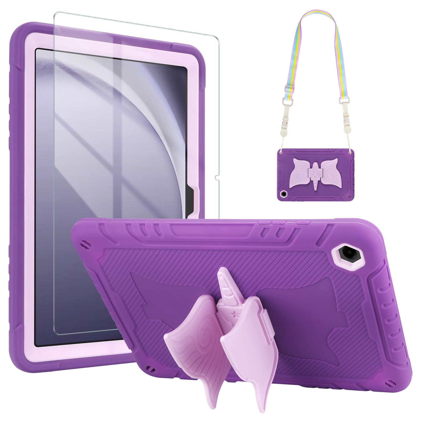 WESADN Case for Samsung Galaxy Tab A9+ Plus Case 11" 2023 (SM-X210/X216/X218) with Screen Protector Kickstand Shoulder Strap Heavy Duty Shockproof Rugged Protective Tablet Cover for Kids Purple