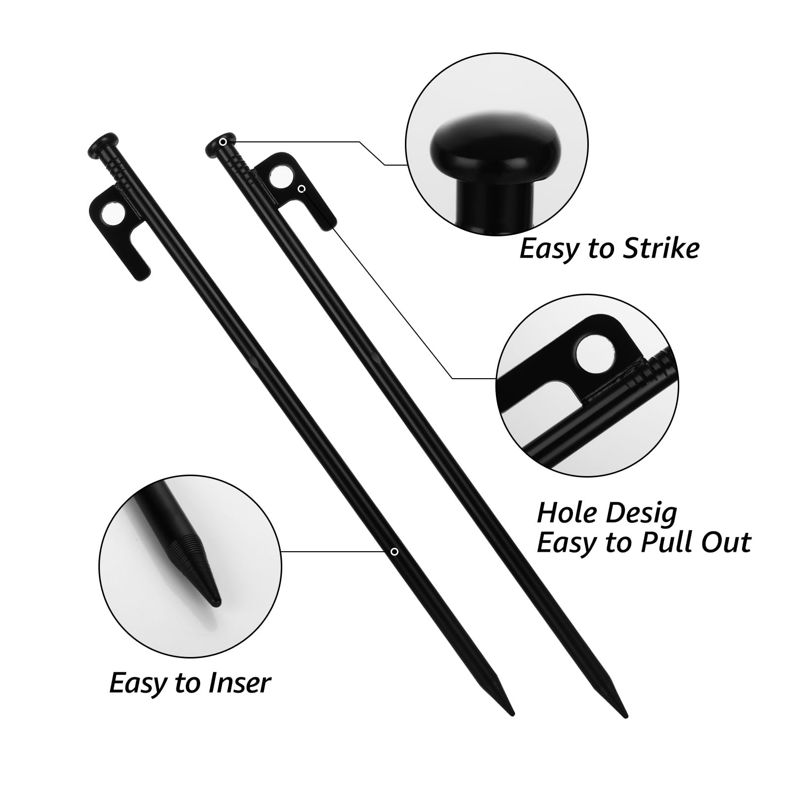 YAYODS 24 Stück Zeltheringe aus Metall, strapazierfähig, 30,5 cm, schwarz, Bodenanker mit Haken und Loch, hochfester, geschmiedeter Stahl, Camping-Zeltheringe für harte Böden, Outdoor, Reisen, Wandern