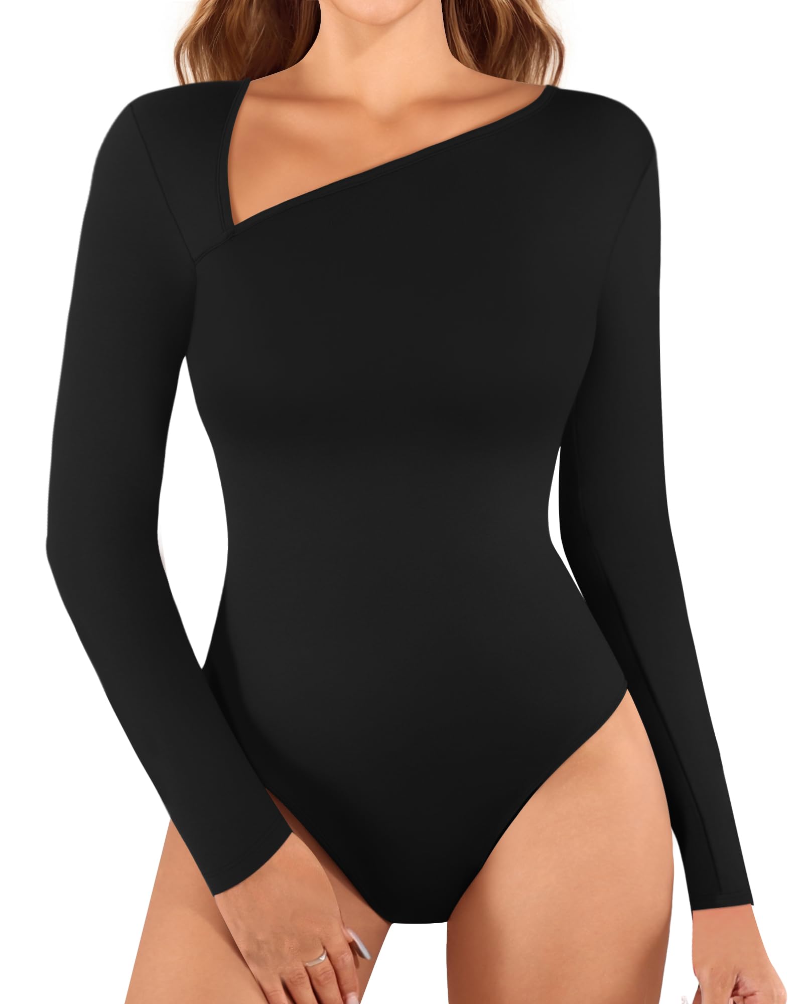 MANGOPOP Women Asymmetrical Neck Long Sleeve Basic T shirt Thong Bodysuit Tops (Long Sleeve Black, XX-Large)