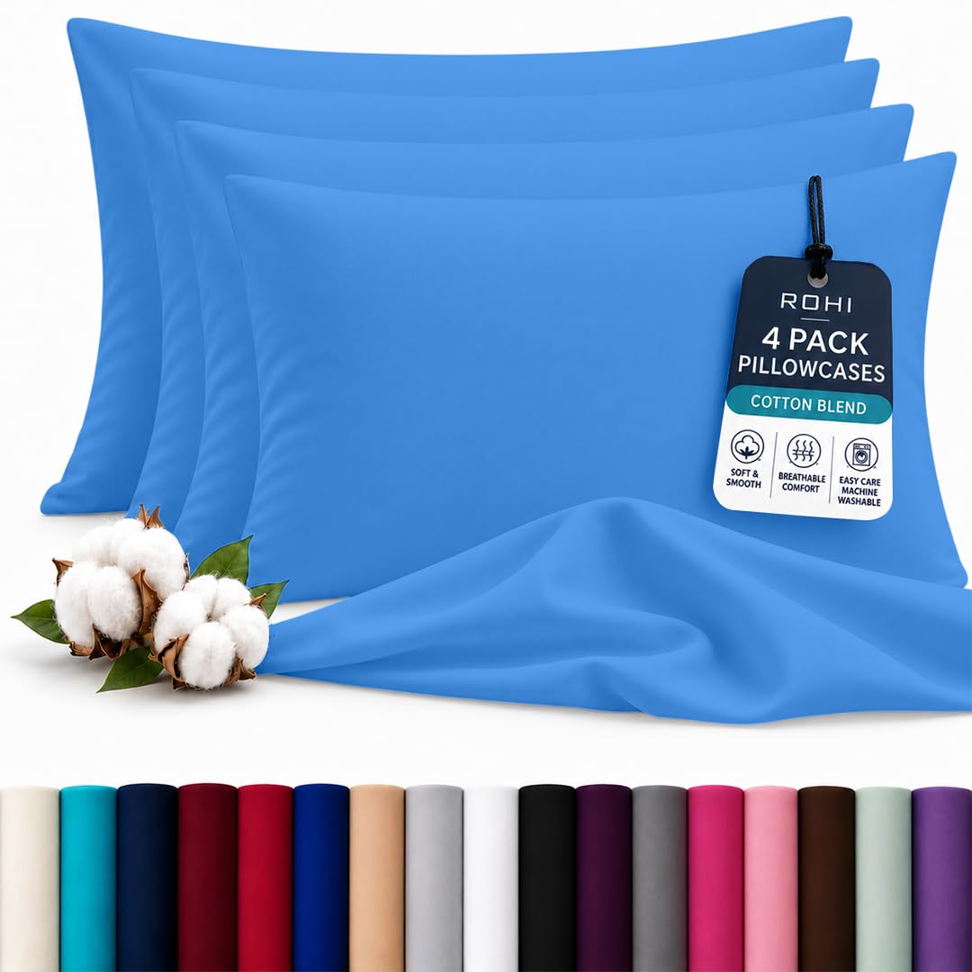 Rohi Luxury Mid Blue Pillowcases 4 Pack - (50×75cm) | Soft & Comfy Cotton Blend Pillow Covers with Envelope Closure | Breathable, Anti-Allergy, Fade & Wrinkle Resistant