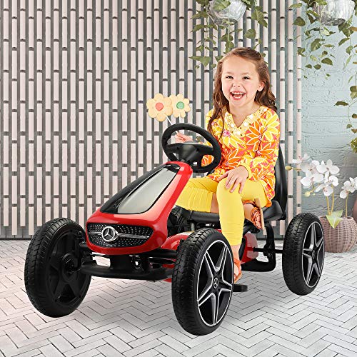 4 Wheel Pedal Go Kart, Kid’s Ride-on with Optional Installation Position Manual Brake Lever Music and Horn (Red)