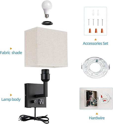 Miniatura 6 de Aplique de pared enchufable, lámpara de pared de cabecera con enchufe e interruptor regulable, con puerto de carga USB y enchufe, adecuado para