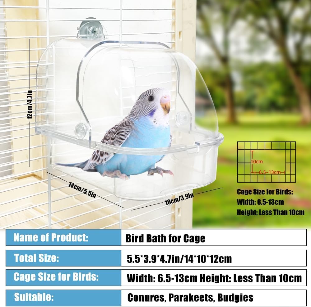 HAICHEN TEC Bird Bath for Cage - Spacious Parakeet & Parrot Bathtub with Hanging Hooks, Portable Shower for Most Birdcages, Cleaning Pet Supply (Clear) - image 2