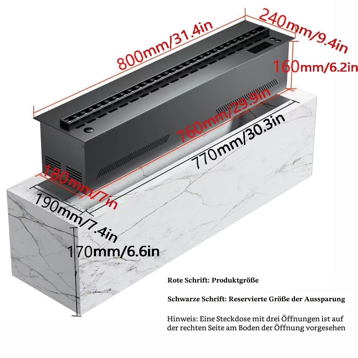 3D-Wasserdampf-Kamin, zerstäubter Kamin mit 7 einstellbaren Flammenfarben und 5 Helligkeitsstufen, gebürsteter Edelstahl, Touch/Fernbedienung, 80 cm