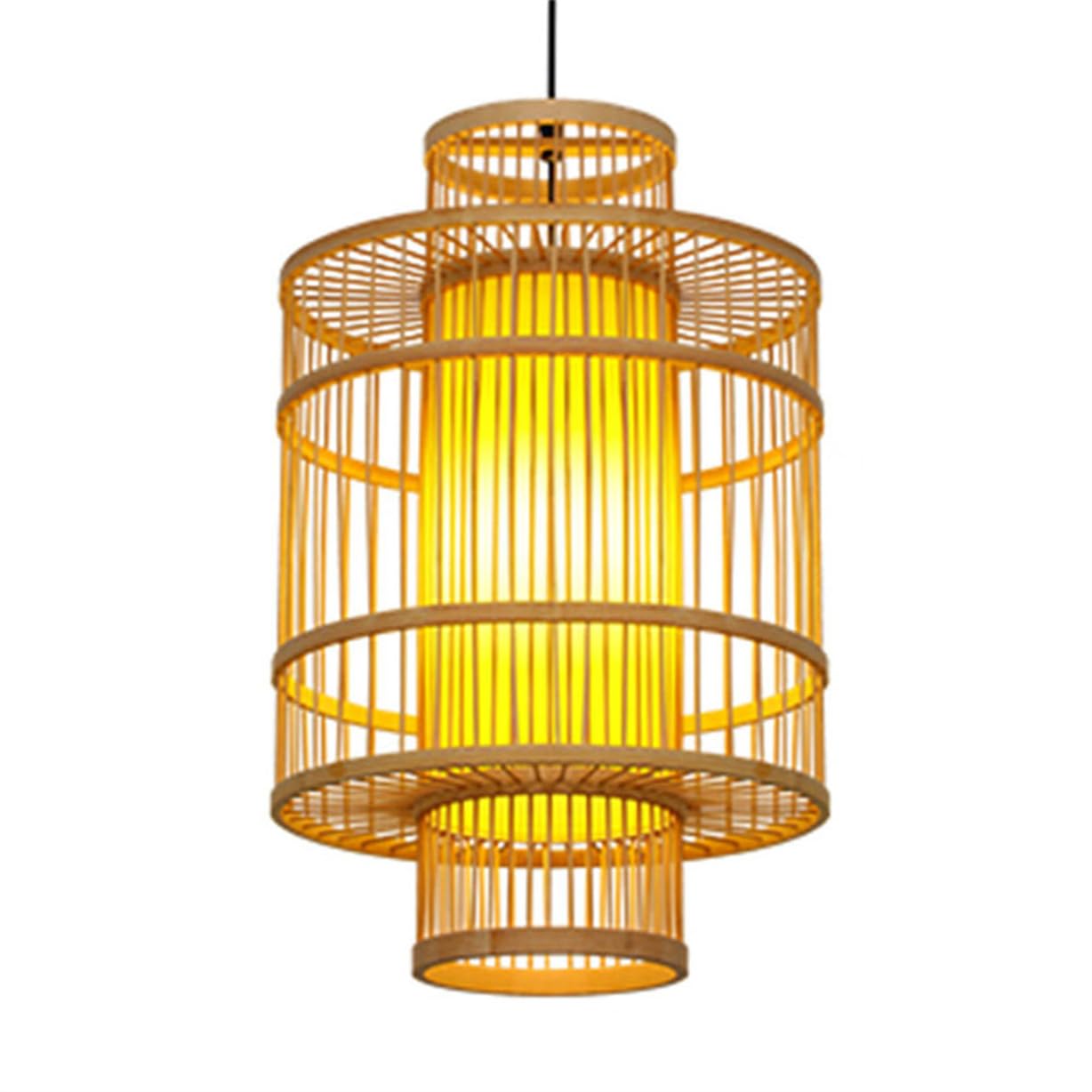 SHUANGZ Faux Parchment Pendant Light Large Bamboo Cage Lamp Shade 2-Layer Wicker Handmade Lantern E26 Coastal Crafts Light Boho Wicker Fixtures for Kitchen Island Dining Room Farmhouse - 21.6″ H