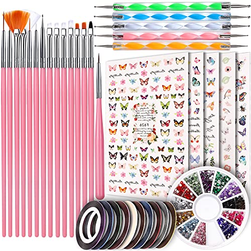 Nail Art Brush Kit, Teenitor Nail Art Kit with 15pcs Nail Brushes, 5pcs Nail Dotting Tools, 5 Sheets Butterfly Nail Art Stickers, 10 Rolls Nail Striping Tape and Color Rhinestones for Nails Nail Art Brush Kit, Teenitor Nail Art Kit with 15pcs Nail Brushes, 5pcs Nail Dotting Tools, 5 Sheets Butterfly Nail Art Stickers, 10 Rolls Nail Striping Tape and Color Rhinestones for Nails