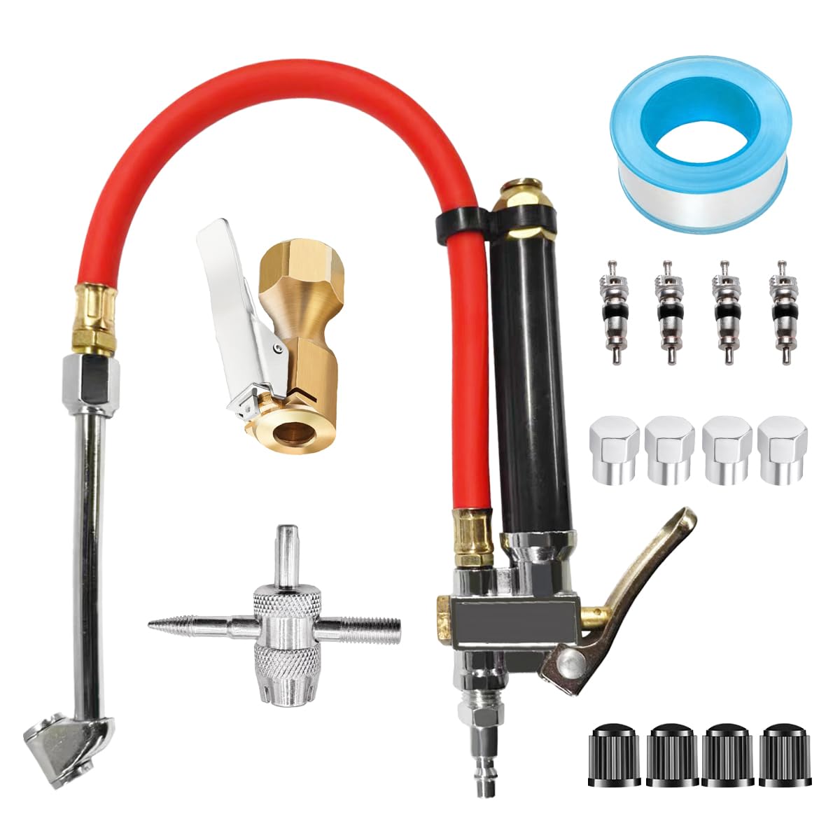 10-120 PSI Heavy Duty Gonfiatore per pneumatici con manometro, include mandrino ad aria a doppia testa, strumento a 4 vie, nucleo valvola, tappi valvola stelo, attacchi compressore d'aria per