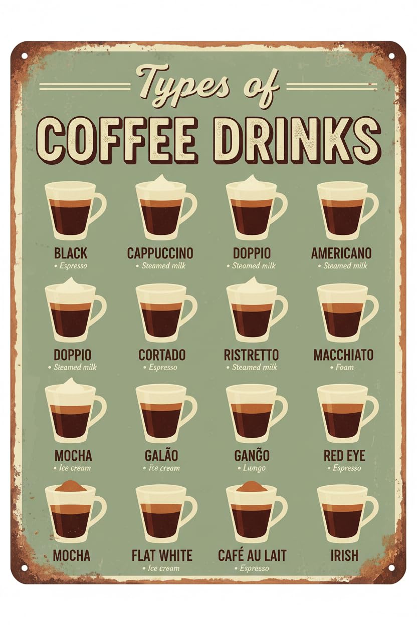 Coffee Knowledge Types Of Coffee Tin Sign, 8x12 Inch