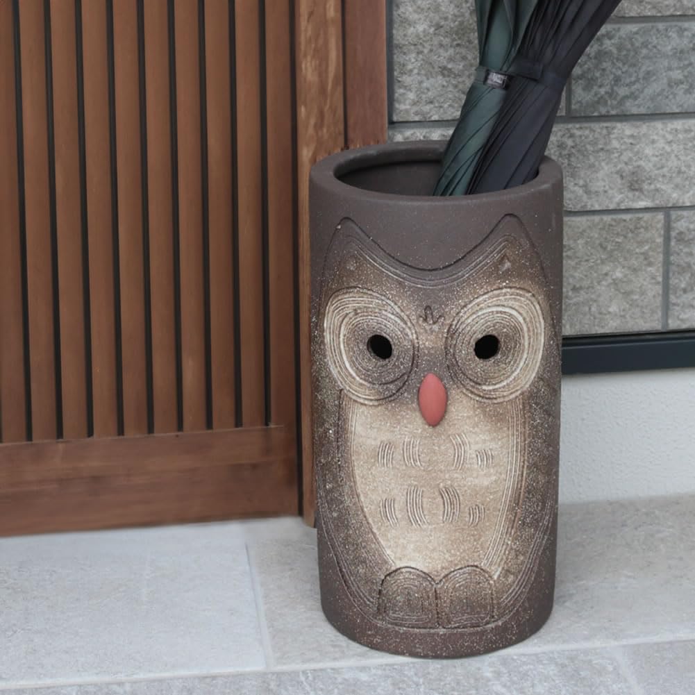信楽焼　ふくろう彫傘立て 黒マットふくろう透し彫傘立 （信楽焼き・陶器・傘立て・梅雨