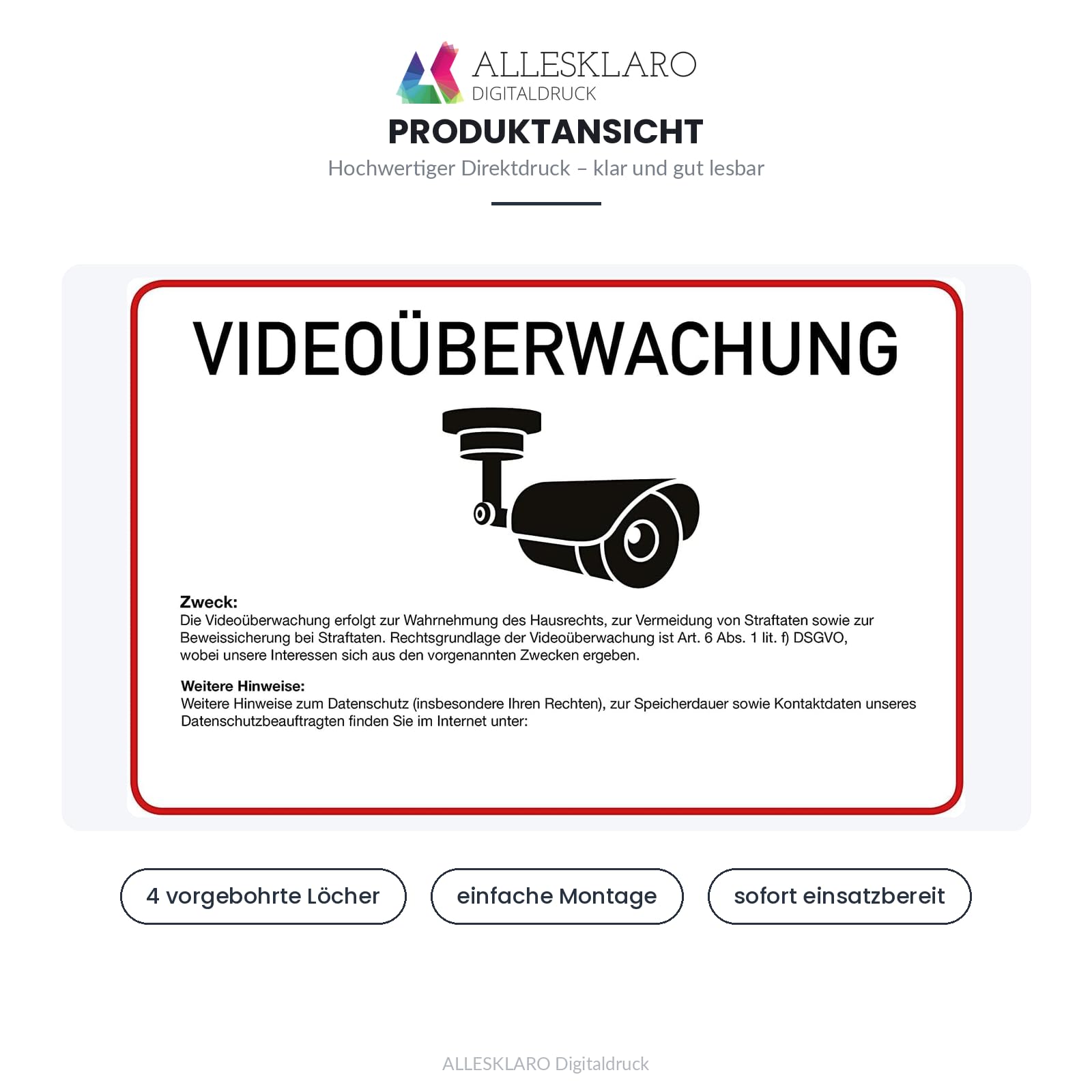 Videoüberwachung - Schild - Text nach DSGVO und Ihr Text- 4 mm Alu Verbundplatte (60 x 40 cm)