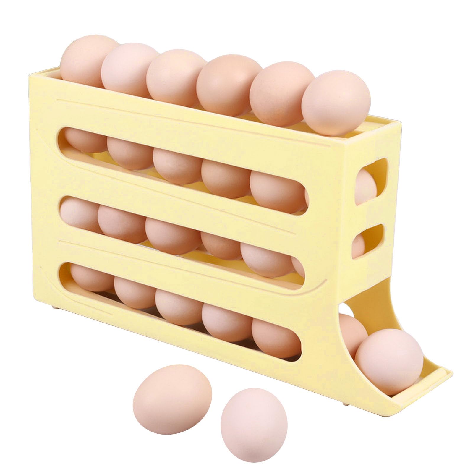 WeKends Efficient Egg Organizer: Four-Tier Refrigerator Egg Holder with Automatic Rolling Rack & Space-Saving Design for Kitchen and Beyond - Large Capacity, Versatile Egg Storage Solution (Yellow)