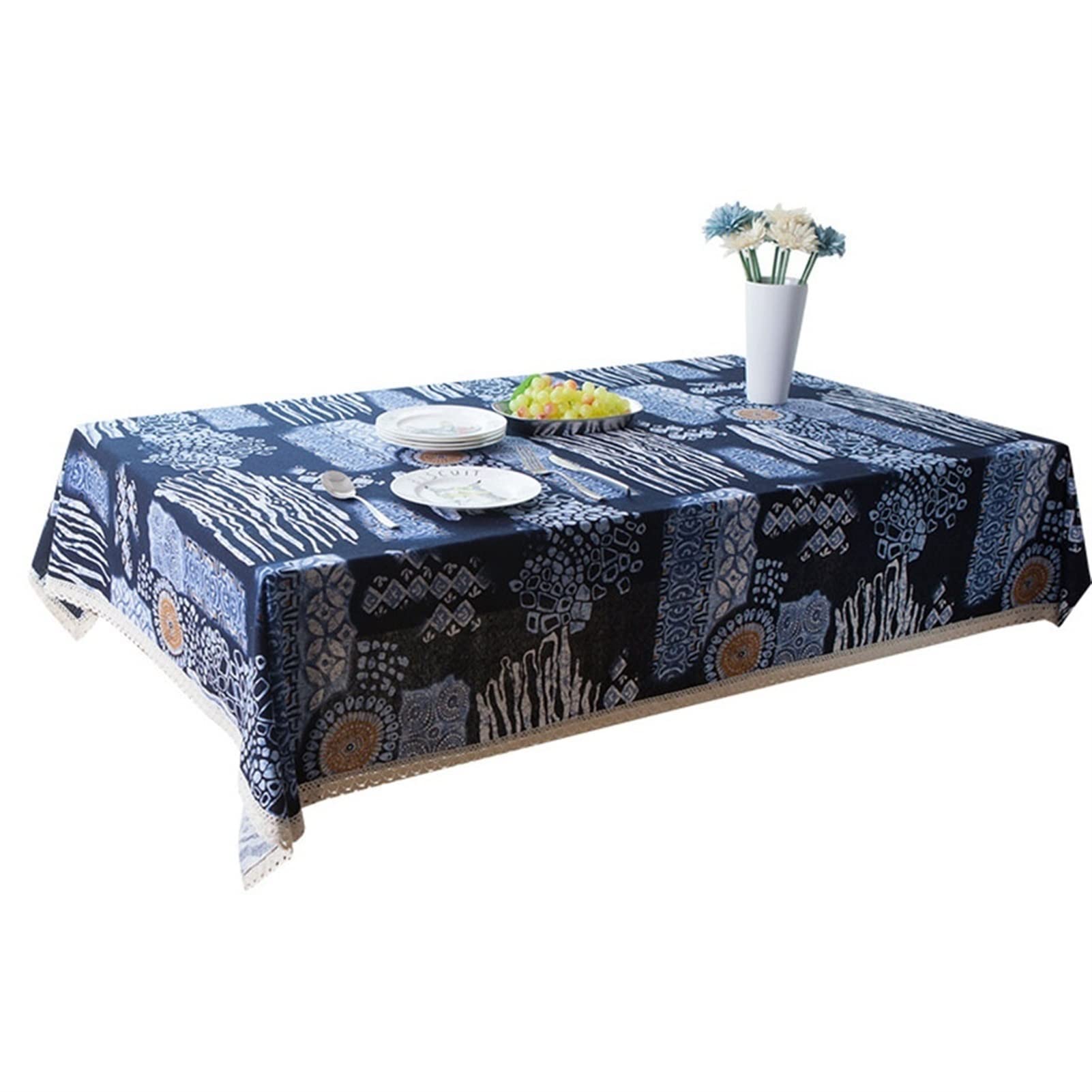 OPFdfhDFH Tablecloths, Tablecloth,Table Cloth,Ethnic Style Printed with Macrame Lace, Washable Suitable for Rectangular Round Tables, Restaurants Kitchen Picnics Decor(140X220cm)