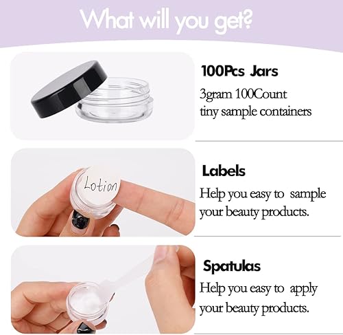 Miniatura 4 de Contenedores de muestra de 0.11 oz con tapas, 100 frascos de muestra pequeños, recipientes vacíos de bálsamo labial, mini recipientes cosméticos con