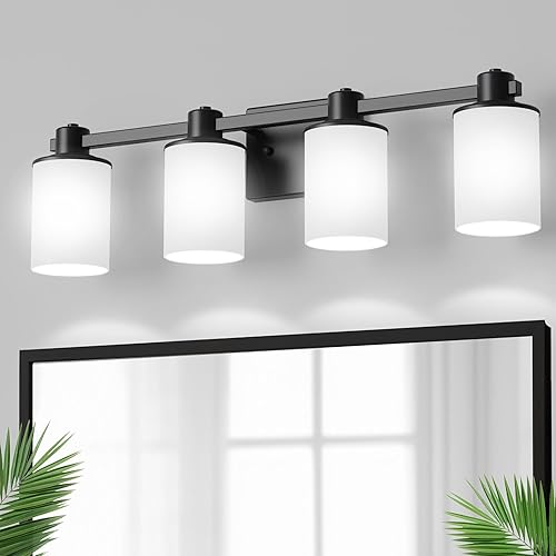Miniatura 20 de DORESshop Lámpara de tocador de baño de 4 luces sobre el espejo, lámparas de baño negro mate con pantallas de vidrio transparente, luces modernas