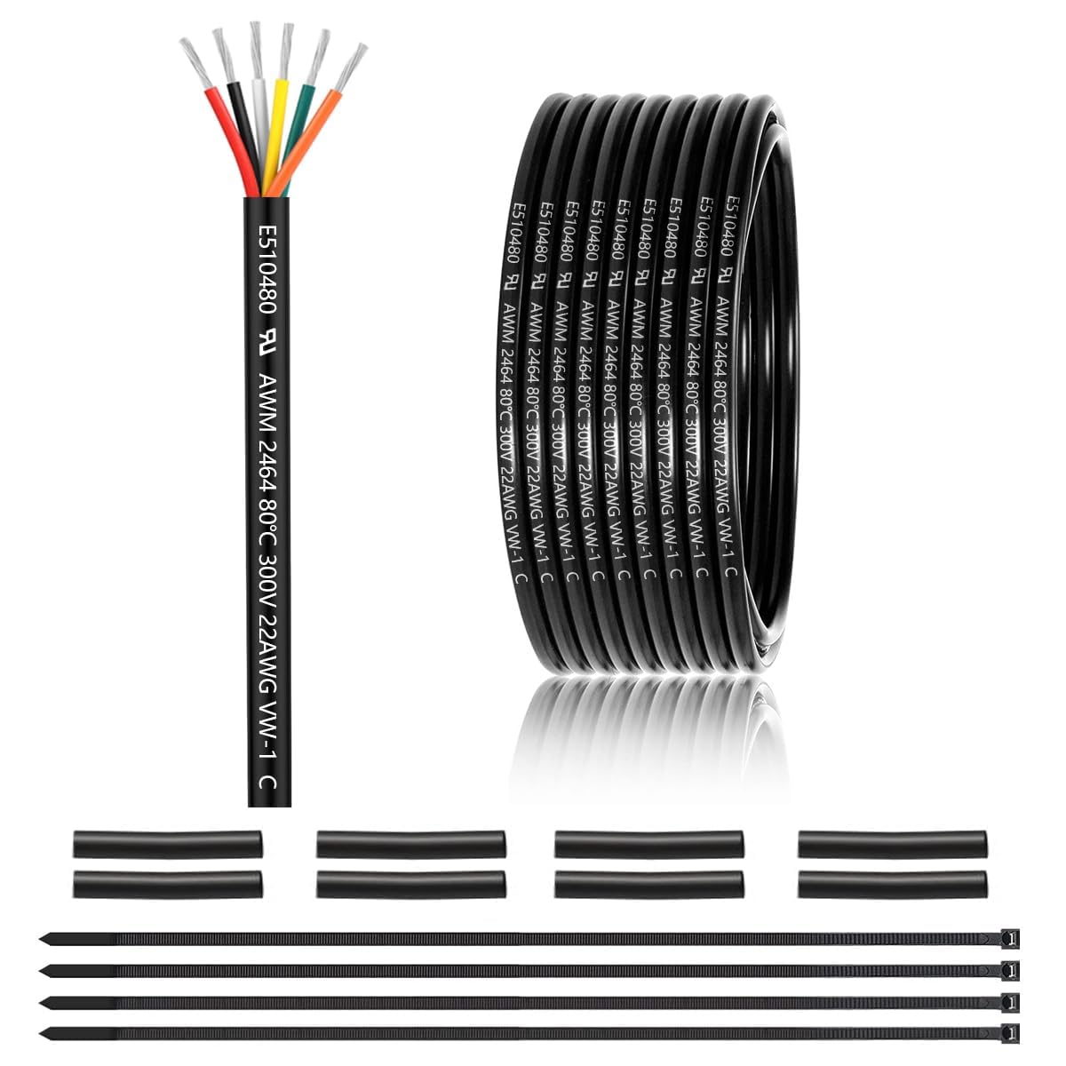 22 AWG 6 x 0.3 mm² 6 Core Cable 7.62 Metres, 22 AWG 6 Core Wire Made of Tinned Copper, PVC 22AWG 6 Core for DC 5V/12V/24V, LED Lighting, Extension Cable, Car etc., CE Certification