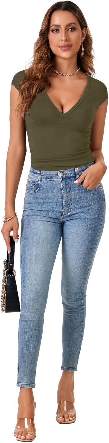 KIFOVEN Women’s Summer T Shirt Sexy Deep V Neck Cap Sleeve Slim Fit Tee Top Blouse - Image 6