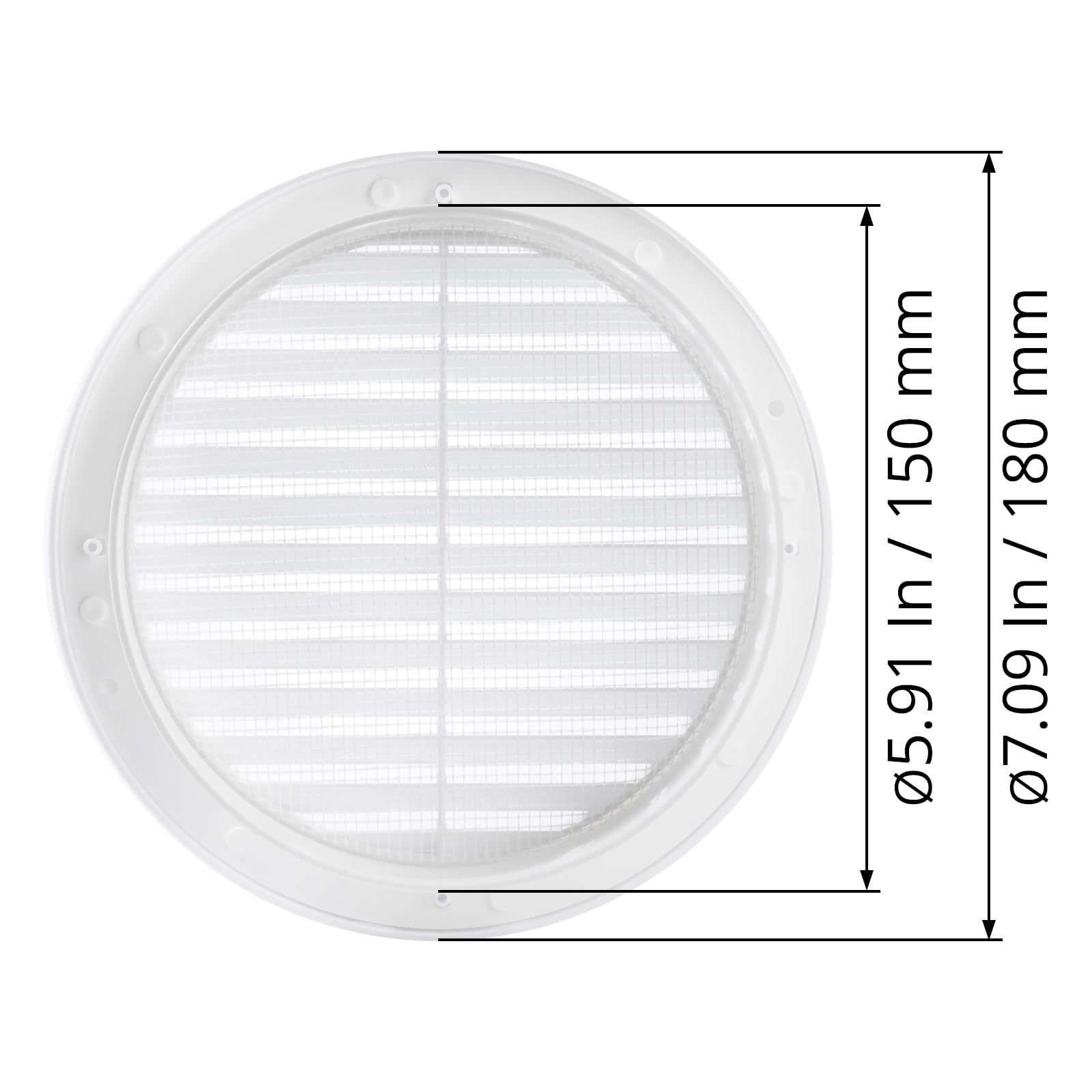 Rejilla De Ventilación Redonda Blanca 6 Pulgadas Con Malla Insectos. (conducto 6Ø / 7Ø). Aplicaciones Ventilación. Cubierta Interior Y Exterior. Disponible En 3 Tamaños