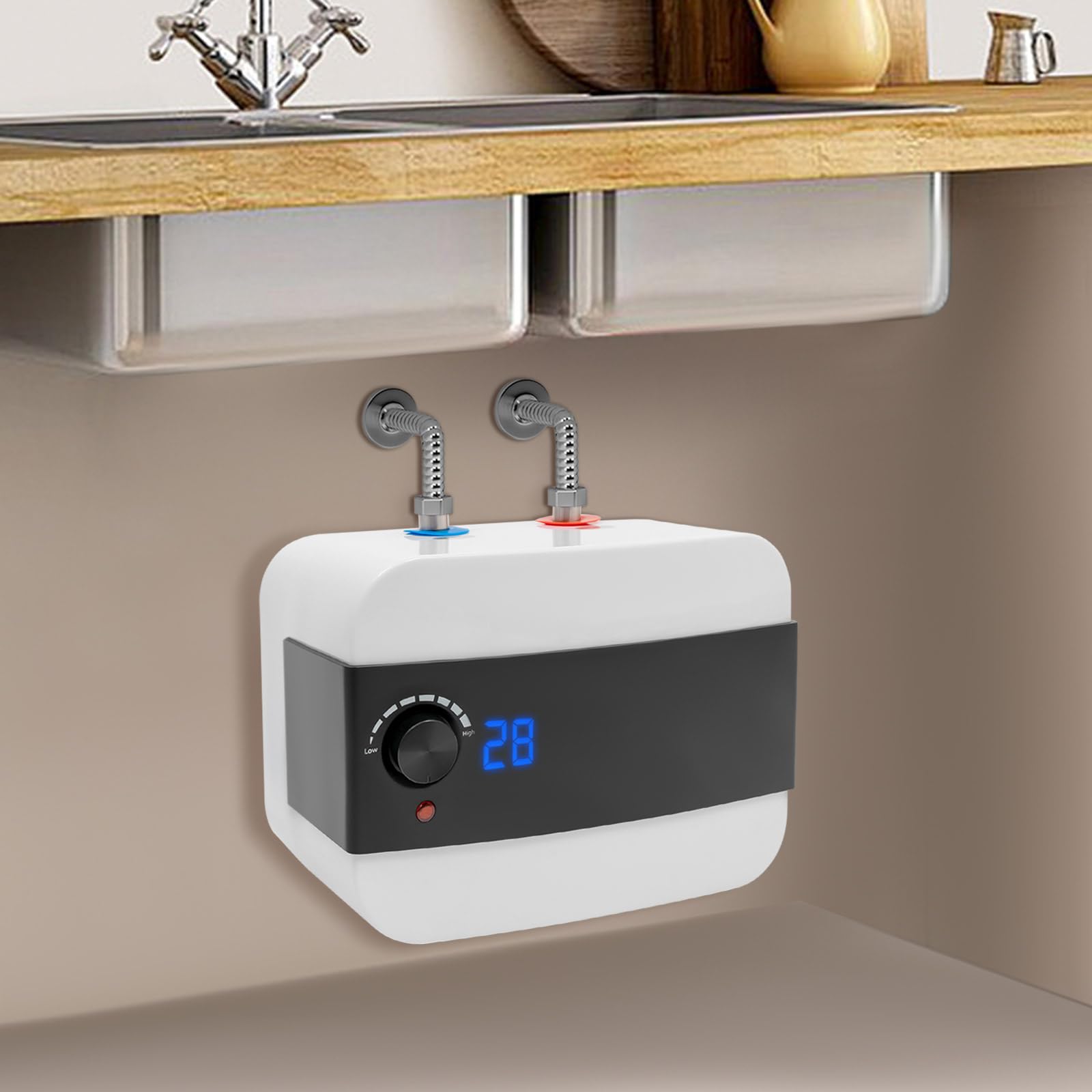 Scaldabagno elettrico da 6 l, 1500 W, scaldabagno con indicatore LED, scaldabagno per cucina e bagno, protezione IPX4, bianco e nero