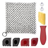 LIVEHITOP Cast Iron Scraper Cooking Set XL (9-in-One) 7x7 Stainless Steel Cast Iron Kit Pan Scraper Plastic Set Tool and Silicone Hot Handle Holder for Kitchen