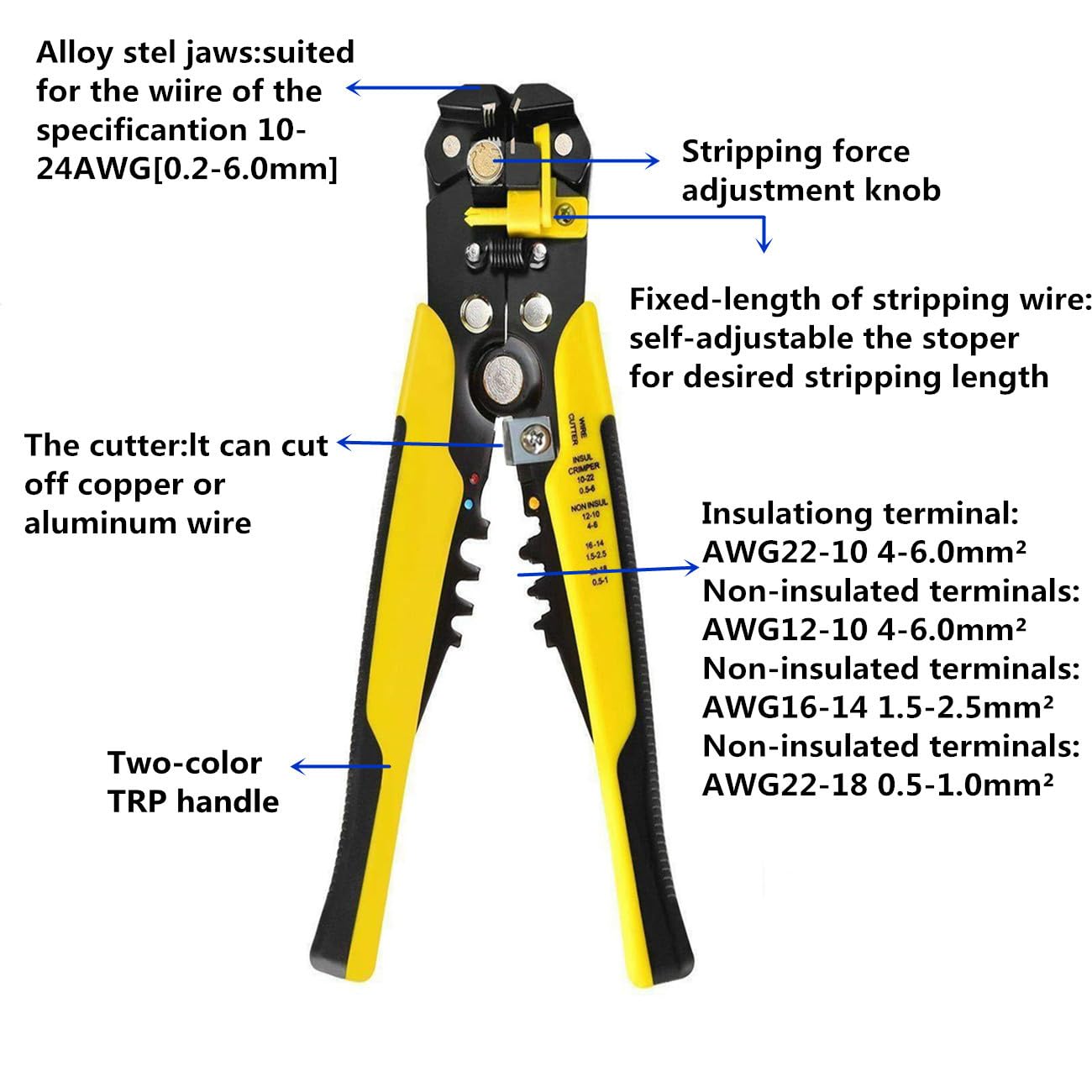 szhdxsy Pelacables, herramienta de pelado de cables, herramienta de alicates de corte, herramienta de crimpado de alambre, pelado/crimpado autoajustable de 8 pulgadas 10-24 AWG (0.2 ~ 6.0 mm²),