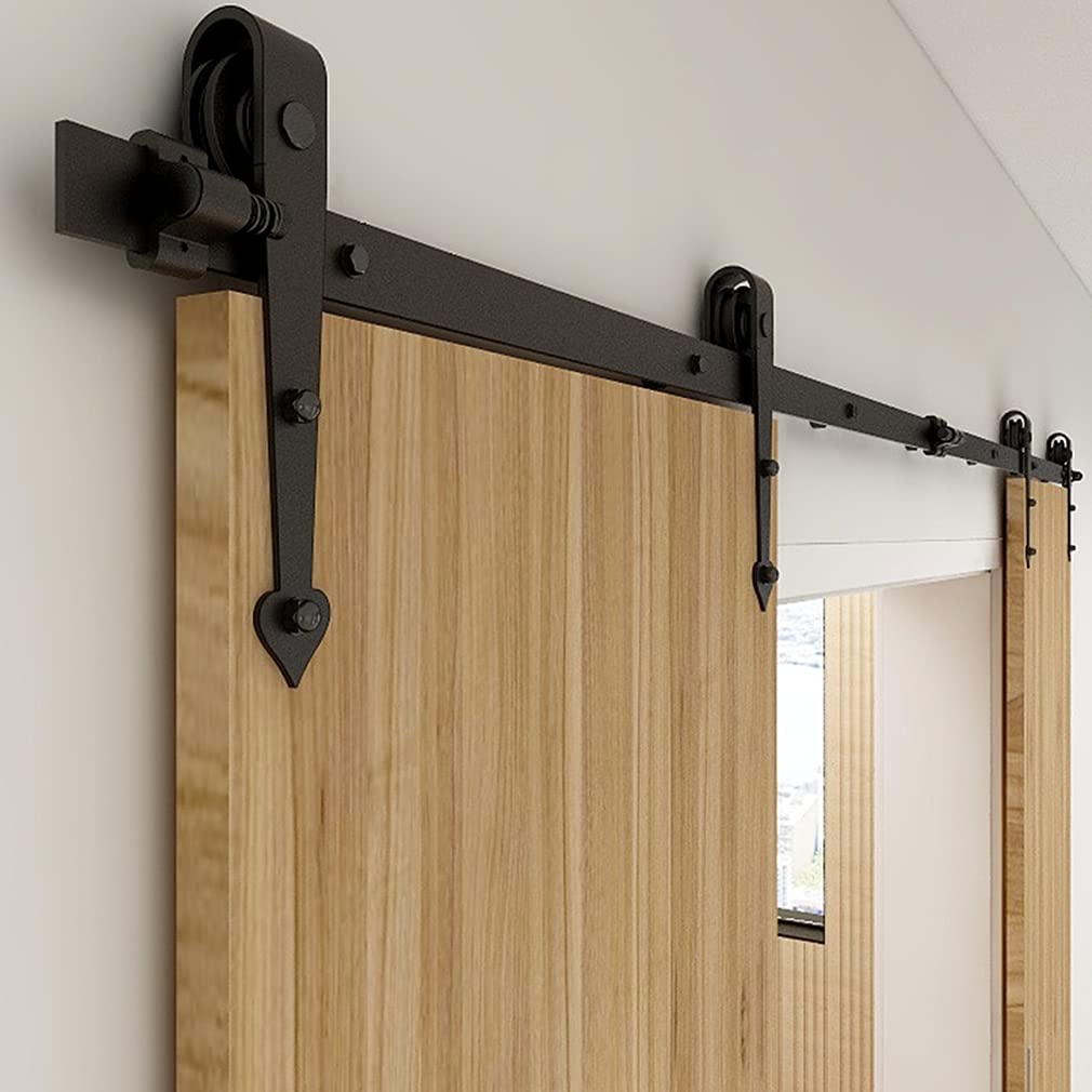 Kit de herrajes para puerta corrediza de madera de granero negro de 6 pies para puerta doble en forma de corazón