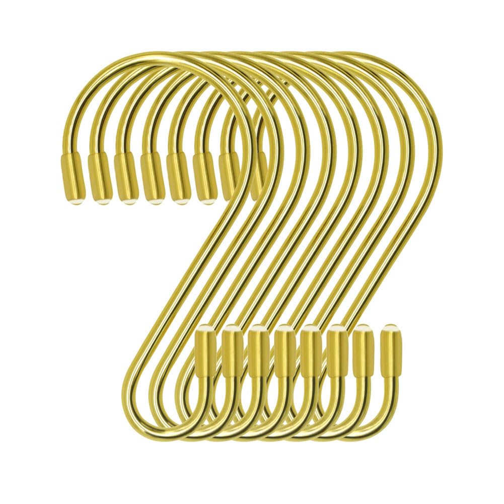 Sheporse 10PCS S Clothes Hooks for Hanging, 8cm Black Heavy Duty Metal Non Slip S Shaped Hook (Golden)