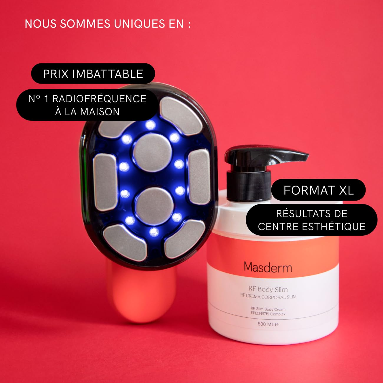 MASDERM - Cellulite 2-en-1, Appareil Radiofréquence Corporelle Professionnel avec Crème Anti-Cellulite Raffermissante 500 ml et Technologie EMS LED, Traitement Réducteur et Anti-Graisse - Pack de 2