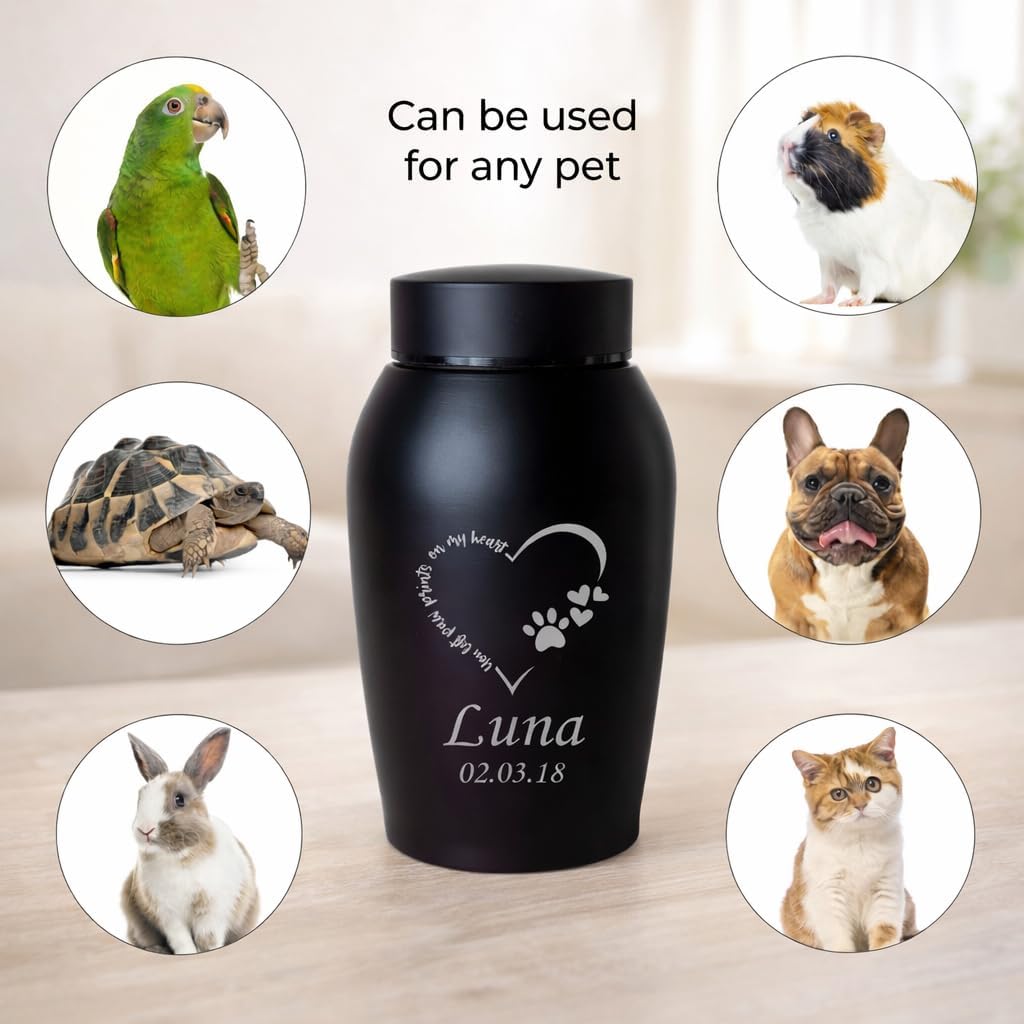 Personalized Cremation Keepsake Pet Ashes Urn Waterproof with Airtight Closure Customized Text Engraving Vase Container Memorial Dog Cat Funeral Decorative (You Left paw Prints on My Heart)