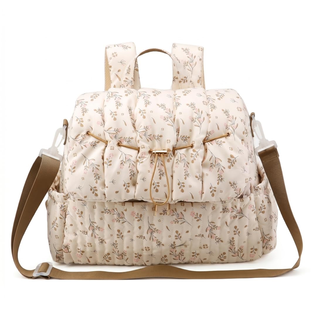 Bolsa de pañales floral, mochila de pañales floral, bolsa de múltiples bolsillos para madres, elegante mochila de viaje y al aire libre para madre (beige)
