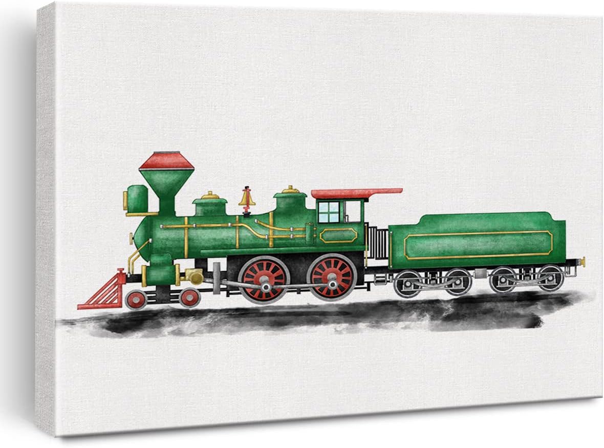 Steam Engine Canvas Wall Art Watercolor Transportation Train Canvas Painting Locomotive Prints for Home Boys Bedroom Wall Decor Framed Artwork Gifts(12x15 Inch)